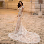 Gorgeous Lace Long Sleeve Mermaid Wedding Dresses Tulle Bridal Gown For Women Cathedral Train V-Neck Appliques Button Back by payinti
