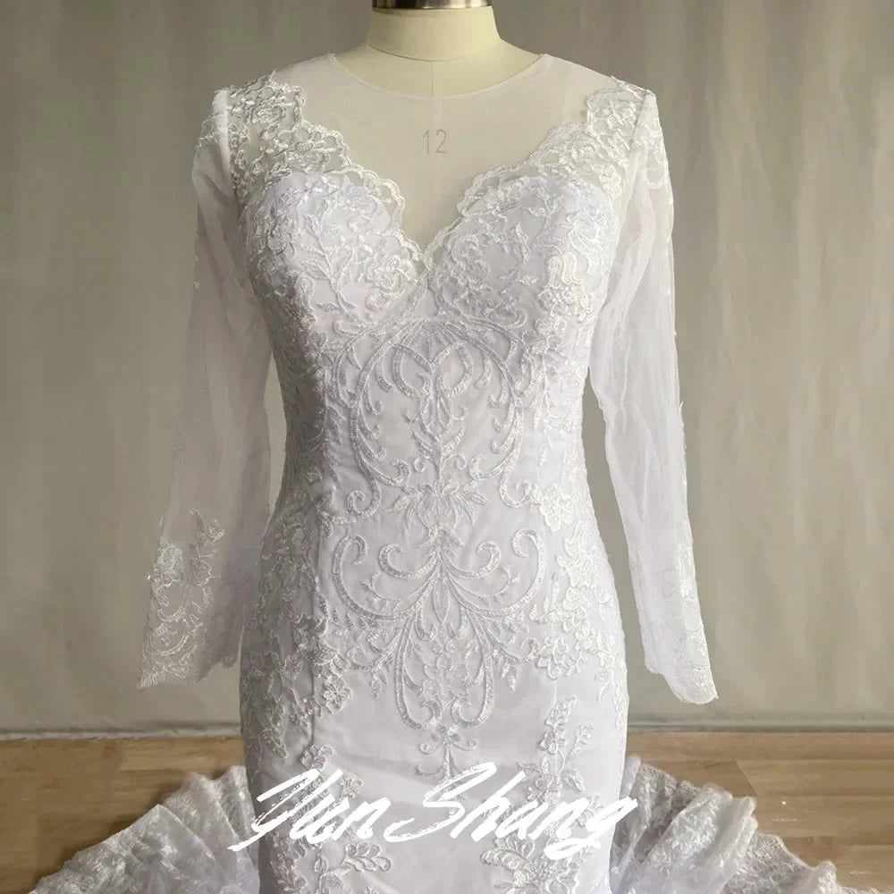 Gorgeous Lace Long Sleeve Mermaid Wedding Dresses Tulle Bridal Gown For Women Cathedral Train V-Neck Appliques Button Back by payinti