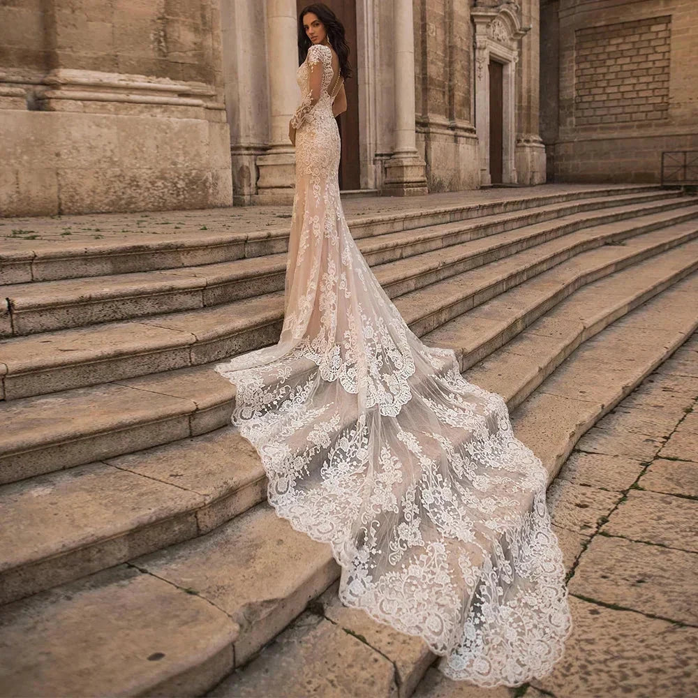 Gorgeous Lace Long Sleeve Mermaid Wedding Dresses Tulle Bridal Gown For Women Cathedral Train V-Neck Appliques Button Back by payinti