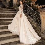 Gorgeous Lace Wedding Dresses Long Sleeve Women's Elegant Tulle Sticker Floral Champagne Bridal Gowns Princess Formal Party Robe by payinti