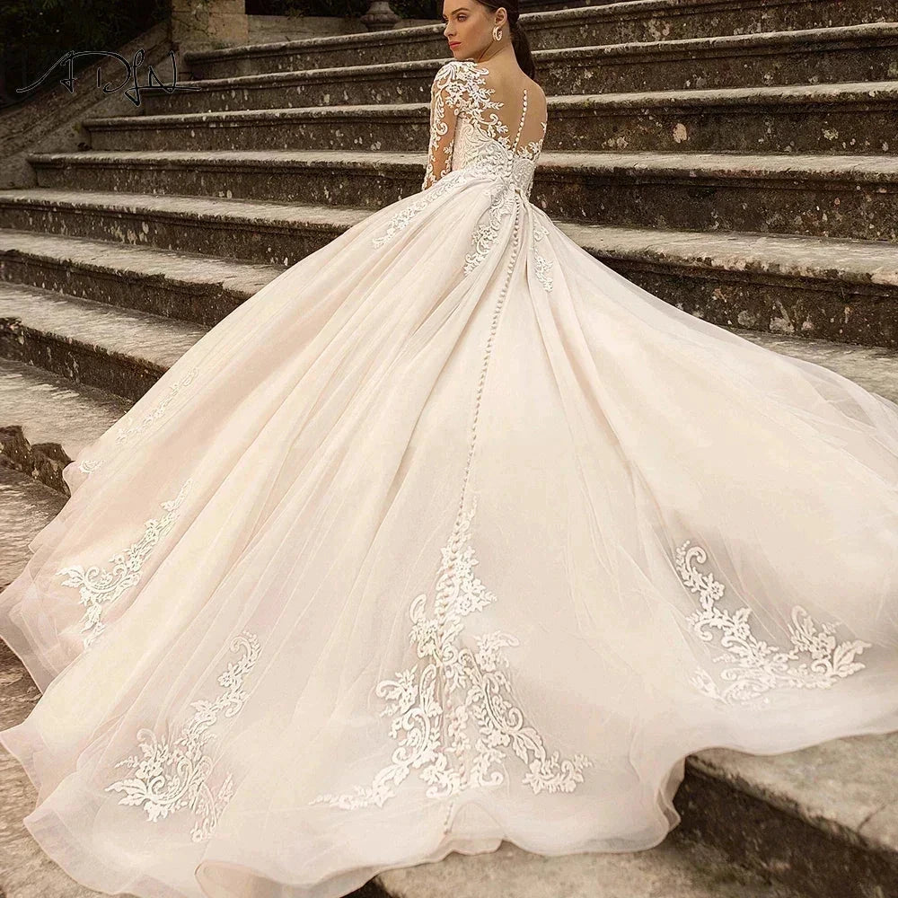 Gorgeous Lace Wedding Dresses Long Sleeve Women's Elegant Tulle Sticker Floral Champagne Bridal Gowns Princess Formal Party Robe by payinti