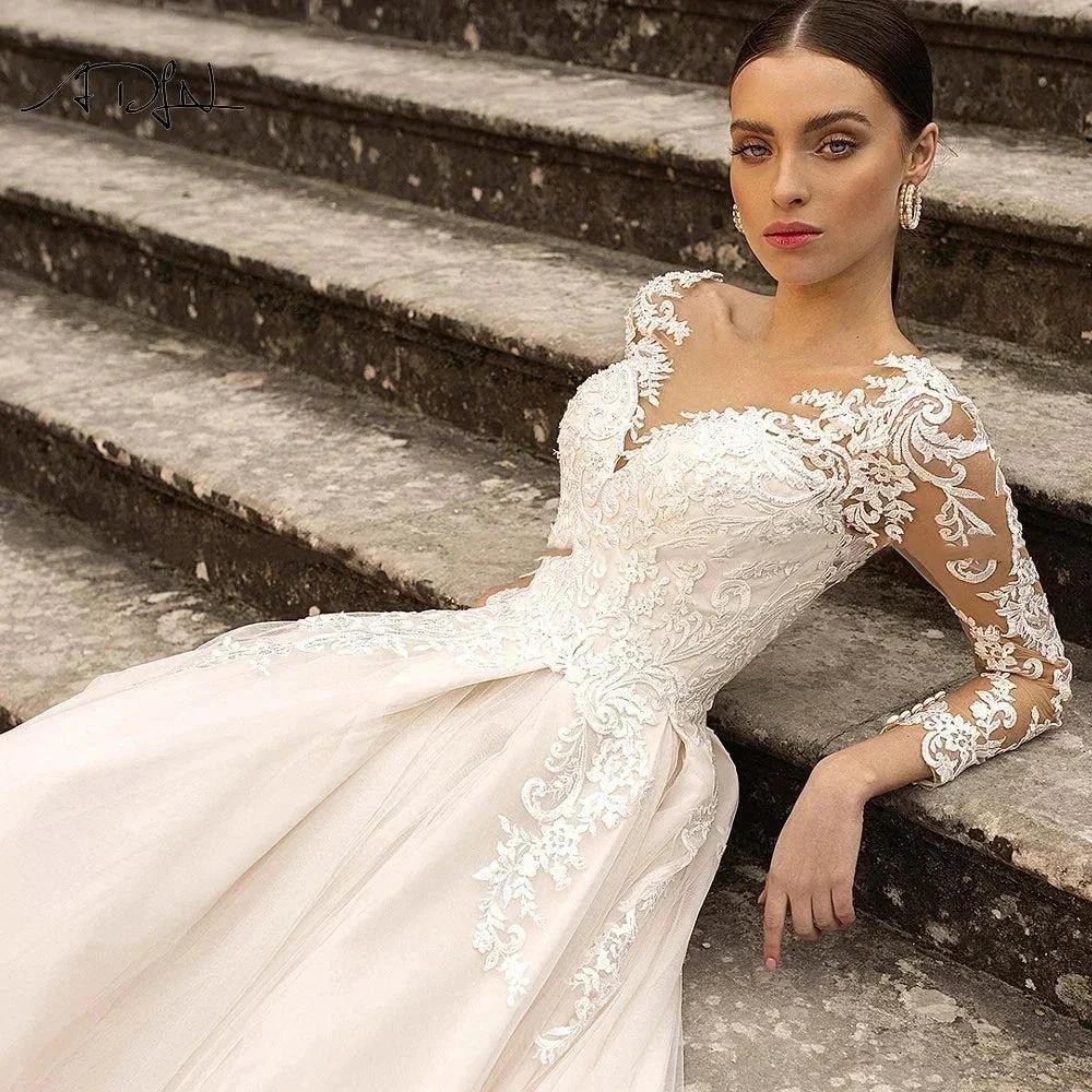 Gorgeous Lace Wedding Dresses Long Sleeve Women's Elegant Tulle Sticker Floral Champagne Bridal Gowns Princess Formal Party Robe by payinti