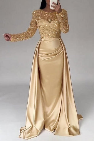 Wunderschönes langes, mit Perlen und Pailletten besetztes Ballkleid in A-Linie mit langen Ärmeln