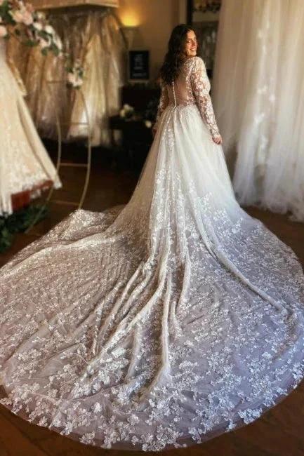 Gorgeous Long A-line V-neck Long Sleeves Lace Wedding Dresses with Train by misshow.com