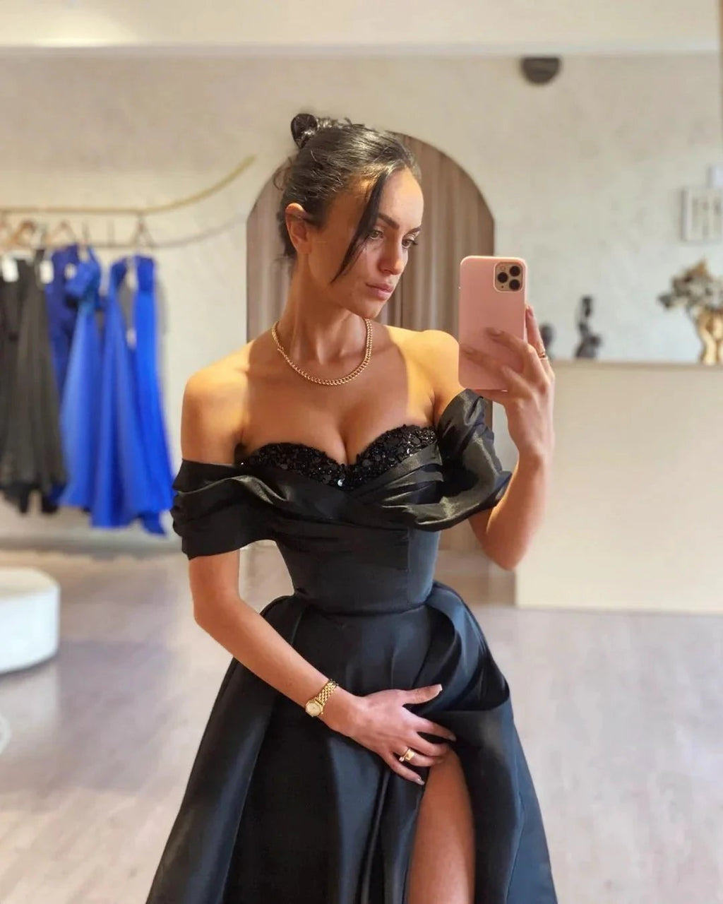 Gorgeous Long Black A-line Off-the-shoulder Beading Prom Dress With Slit by misshow.com