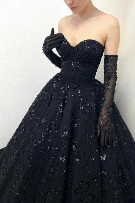 Gorgeous Long Black A-line Sweetheart Lace Laced-up Prom Dress by misshow.com