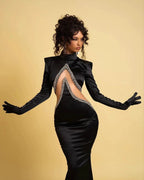 Gorgeous Long Black Mermaid High Neck Prom Dress With Long Sleeves by misshow.com