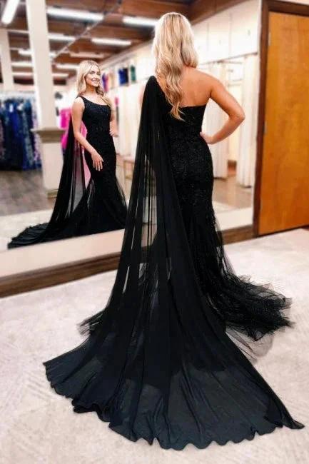 Gorgeous Long Black One Shoulder Mermaid Glitter Prom Dress With Lace by misshow.com