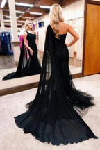 Gorgeous Long Black One Shoulder Mermaid Glitter Prom Dress With Lace by misshow.com