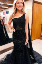 Gorgeous Long Black One Shoulder Mermaid Glitter Prom Dress With Lace by misshow.com