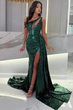 Gorgeous Long Dark Green One Shoulder Sleeveless Sequined Prom Dress With Slit by misshow.com