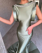Gorgeous Long Dusty Sage Mermaid Sleeveless Satin Prom Dress With Rhinestones by misshow.com