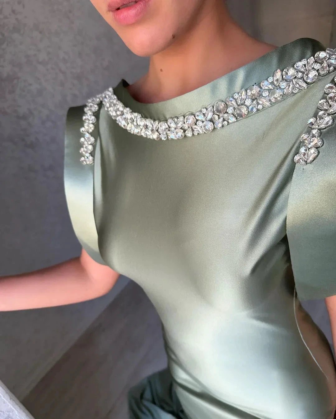 Gorgeous Long Dusty Sage Mermaid Sleeveless Satin Prom Dress With Rhinestones by misshow.com