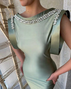 Gorgeous Long Dusty Sage Mermaid Sleeveless Satin Prom Dress With Rhinestones by misshow.com