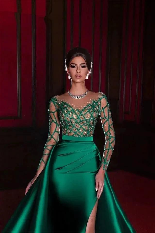 Gorgeous Long Emerald Beading Lace Split Prom dress With Long Sleeves by misshow.com