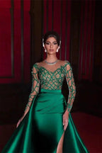 Gorgeous Long Emerald Beading Lace Split Prom dress With Long Sleeves by misshow.com
