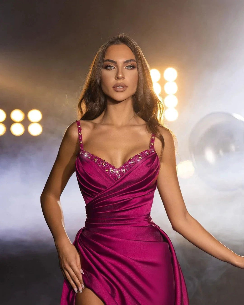Gorgeous Long Fuchsia Straps Beading Sleeveless Pleated Prom Dress With Slit by misshow.com