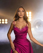 Gorgeous Long Fuchsia Straps Beading Sleeveless Pleated Prom Dress With Slit by misshow.com