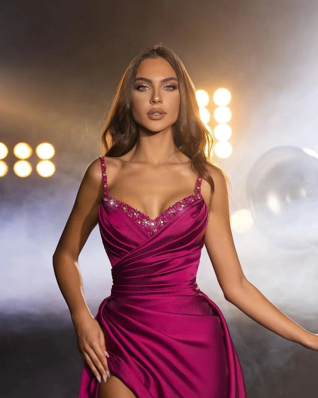 Gorgeous Long Fuchsia Straps Beading Sleeveless Pleated Prom Dress With Slit by misshow.com