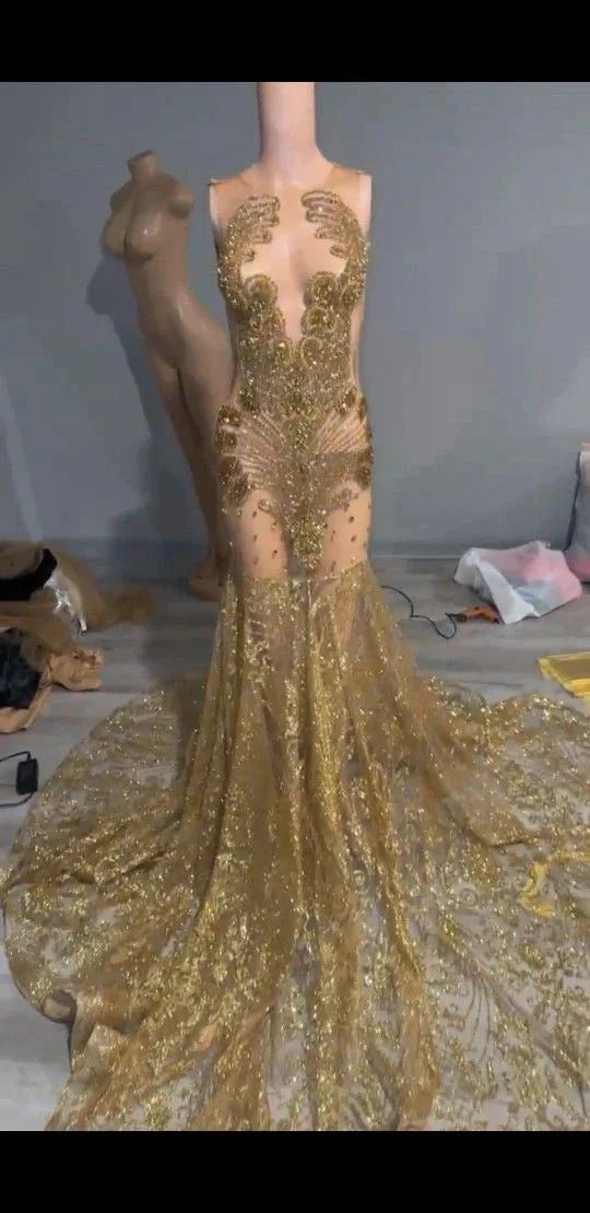 Gorgeous Long Gold Mermaid Lace Sleeveless Sexy Prom Dress by misshow.com
