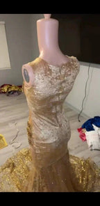 Gorgeous Long Gold Mermaid Lace Sleeveless Sexy Prom Dress by misshow.com