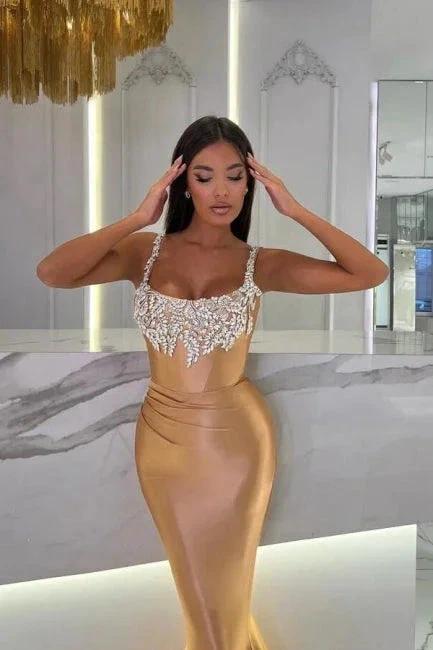 Gorgeous Long Mermaid Gold Sleeveless Jewel Prom Dress with Glitter by misshow.com