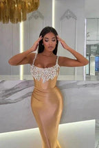 Gorgeous Long Mermaid Gold Sleeveless Jewel Prom Dress with Glitter by misshow.com