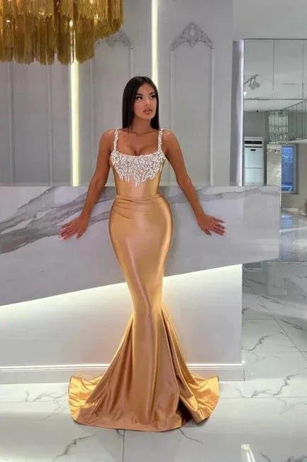 Gorgeous Long Mermaid Gold Sleeveless Jewel Prom Dress with Glitter by misshow.com