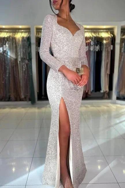 Gorgeous Long Mermaid Sequined Long Sleeves Prom Dress with Slit by misshow.com