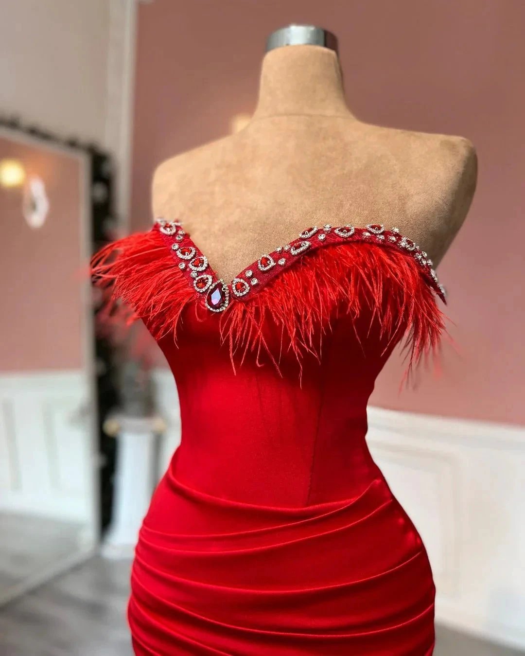 Gorgeous Long Red Column Sweetheart Jewels Prom Dress With Feathers by misshow.com