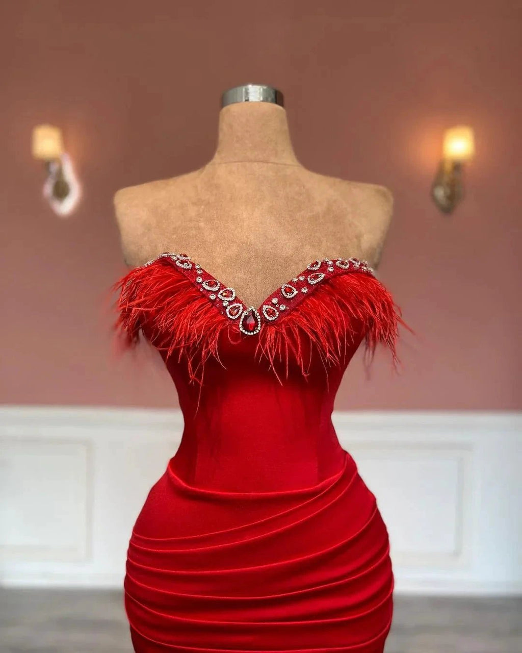 Gorgeous Long Red Column Sweetheart Jewels Prom Dress With Feathers by misshow.com