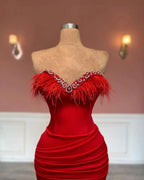 Gorgeous Long Red Column Sweetheart Jewels Prom Dress With Feathers by misshow.com
