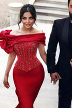 Gorgeous Long Red Mermaid Off-the-shoulder Sequined Beading Prom Dresses with Lace by misshow.com