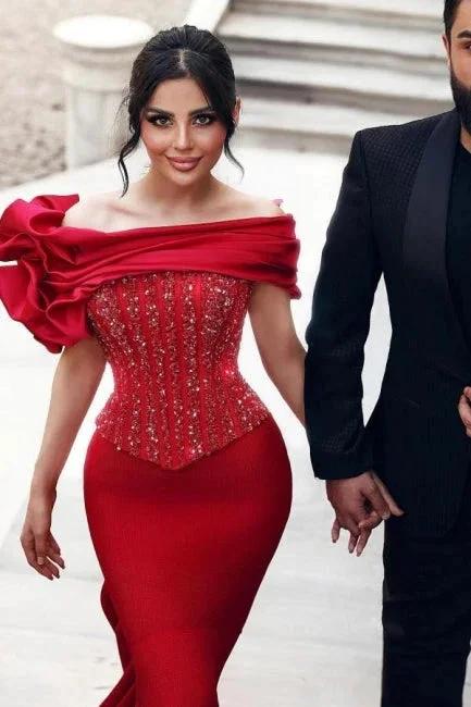 Gorgeous Long Red Mermaid Off-the-shoulder Sequined Beading Prom Dresses with Lace by misshow.com