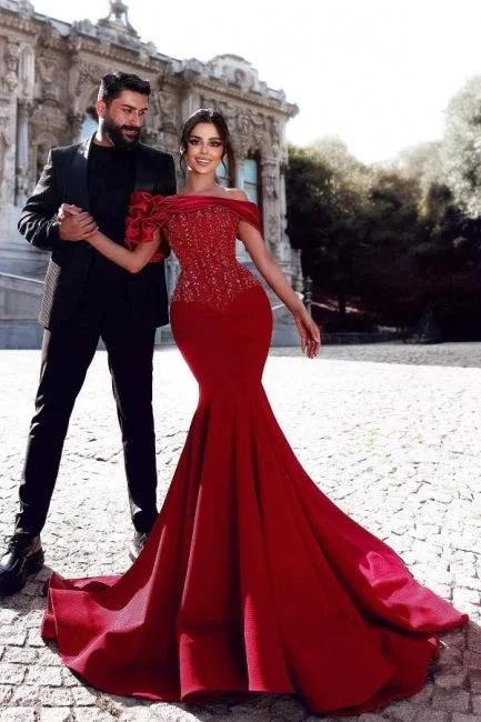 Gorgeous Long Red Mermaid Off-the-shoulder Sequined Beading Prom Dresses with Lace by misshow.com
