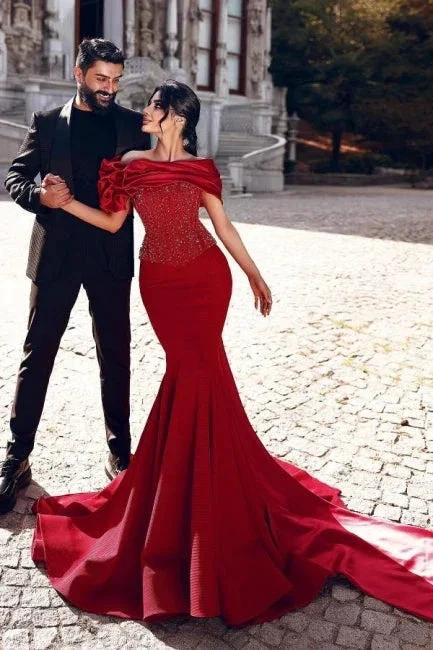 Gorgeous Long Red Mermaid Off-the-shoulder Sequined Beading Prom Dresses with Lace by misshow.com