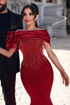 Gorgeous Long Red Mermaid Off-the-shoulder Sequined Beading Prom Dresses with Lace by misshow.com