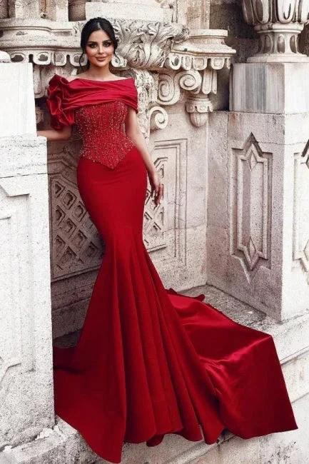 Gorgeous Long Red Mermaid Off-the-shoulder Sequined Beading Prom Dresses with Lace by misshow.com