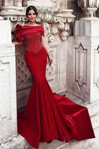 Gorgeous Long Red Mermaid Off-the-shoulder Sequined Beading Prom Dresses with Lace by misshow.com