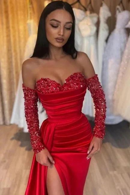 Gorgeous Long Red Mermaid Sweetheart Sequined Beading Long Sleeves Prom Dress with Slit by misshow.com