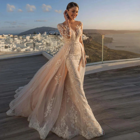 Gorgeous Long Sleeve Lace Mermaid Wedding Dresses  Luxury Appliques Button Removable Train Horn Bridal Gowns Robe De Mariée