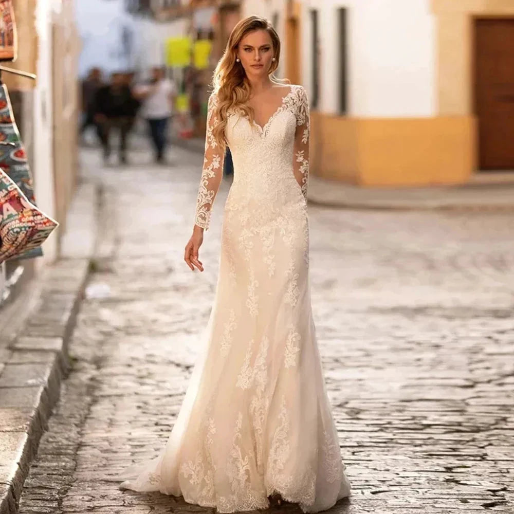 Gorgeous Long Sleeve Lace Mermaid Wedding Dresses V-Neck Tulle Bridal Gowns For With For Women Made Robe De Mariee Vestido by payinti