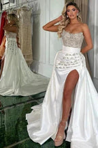 Gorgeous Long White A-line Strapless Jewel Prom Dress With Slit by misshow.com