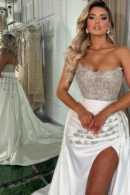 Gorgeous Long White A-line Strapless Jewel Prom Dress With Slit by misshow.com