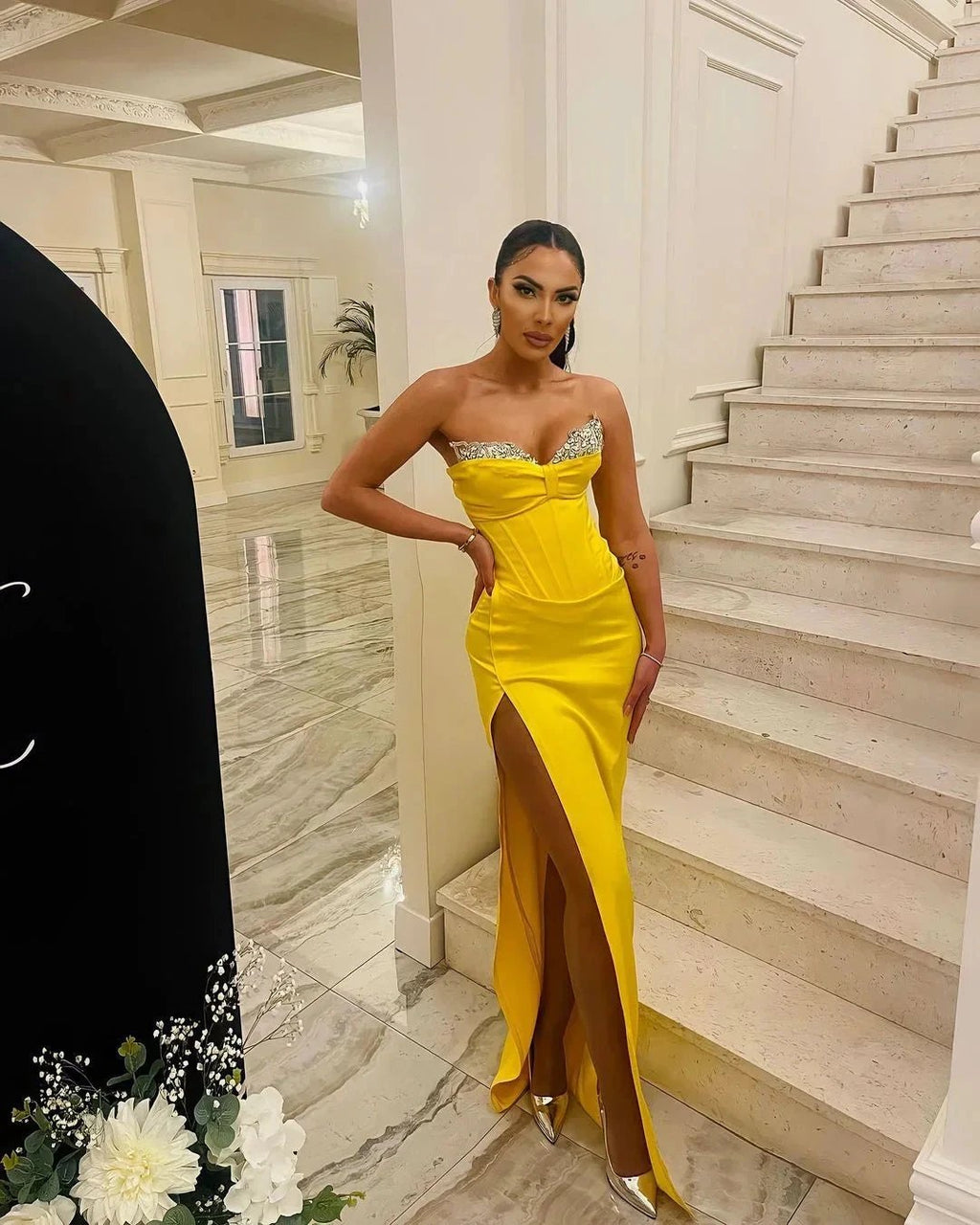 Gorgeous Long Yellow Strapless Mermaid Jewels Floor-Length Prom Dress With Slit by misshow.com