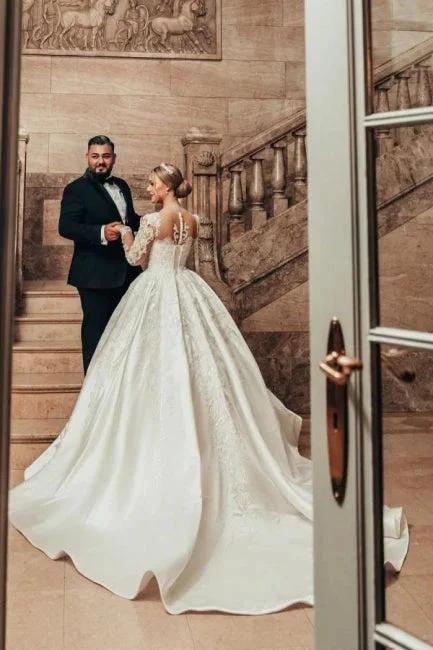 Gorgeous Princess A-line Satin Lace Wedding Dresses With Long Sleeves by misshow.com