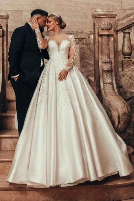 Gorgeous Princess A-line Satin Lace Wedding Dresses With Long Sleeves by misshow.com