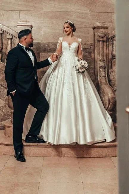 Gorgeous Princess A-line Satin Lace Wedding Dresses With Long Sleeves by misshow.com