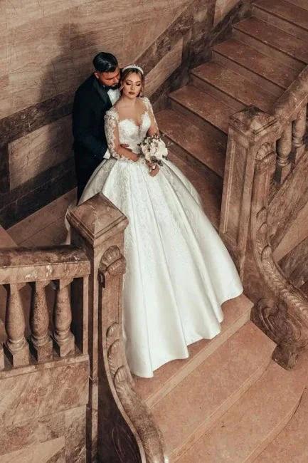 Gorgeous Princess A-line Satin Lace Wedding Dresses With Long Sleeves by misshow.com