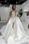Gorgeous Long A-line Satin One Shoulder Beading Appliques Lace Wedding Dress with Slit by BIZTUNNEL